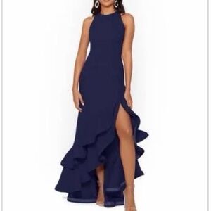 Betsy & Adam Halter Neck Ruffle Tier Scuba Crepe Gown Sz 6 Wedding Guest Dress